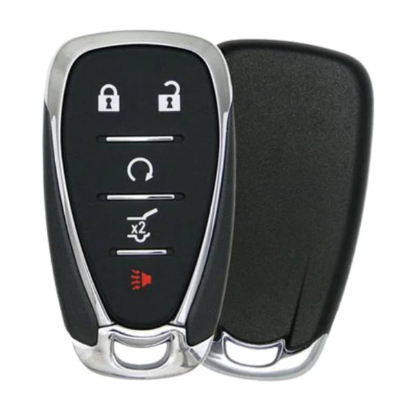 2018-2020 Chevy 5-button smart key remote featuring Lock, Unlock, Remote Start, Power Hatch, and Panic icons.