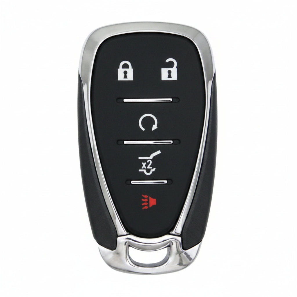 2018-2020 Chevy 5-button smart key remote featuring Lock, Unlock, Remote Start, Power Hatch, and Panic icons.