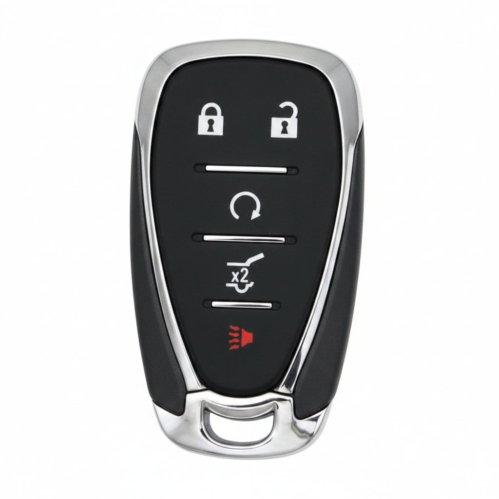 5-button smart key remote for Chevy SUVs featuring Lock, Unlock, Remote Start, Power Hatch, and Panic buttons