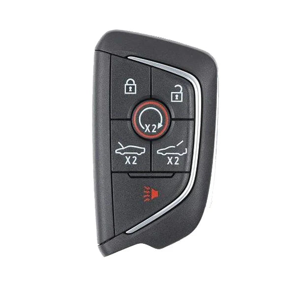 6-button smart key for Chevrolet Corvette C8 with Lock, Unlock, Remote Start, Front Trunk (Hood), Rear Trunk, and Panic icons.
