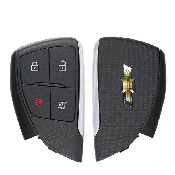 2021-2024 Chevy Suburban and Tahoe 4-button smart key remote showing Lock, Unlock, Panic, and Hatch icons.