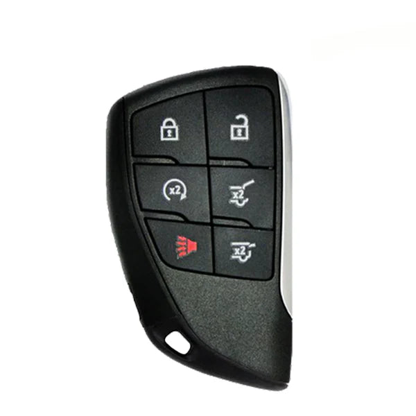 2021-2025 GM 6-button smart key remote showing Lock, Unlock, Panic, Remote Start, Hatch, and Hatch Glass icons.