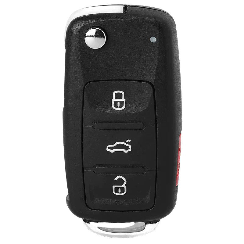 Volkswagen 4-Button Remote Flip Key for 2011-2016 Jetta, Passat, and Golf. FCC ID NBG010180T, 315MHz frequency with ID48 CAN transponder chip and HU66 laser-cut blade.