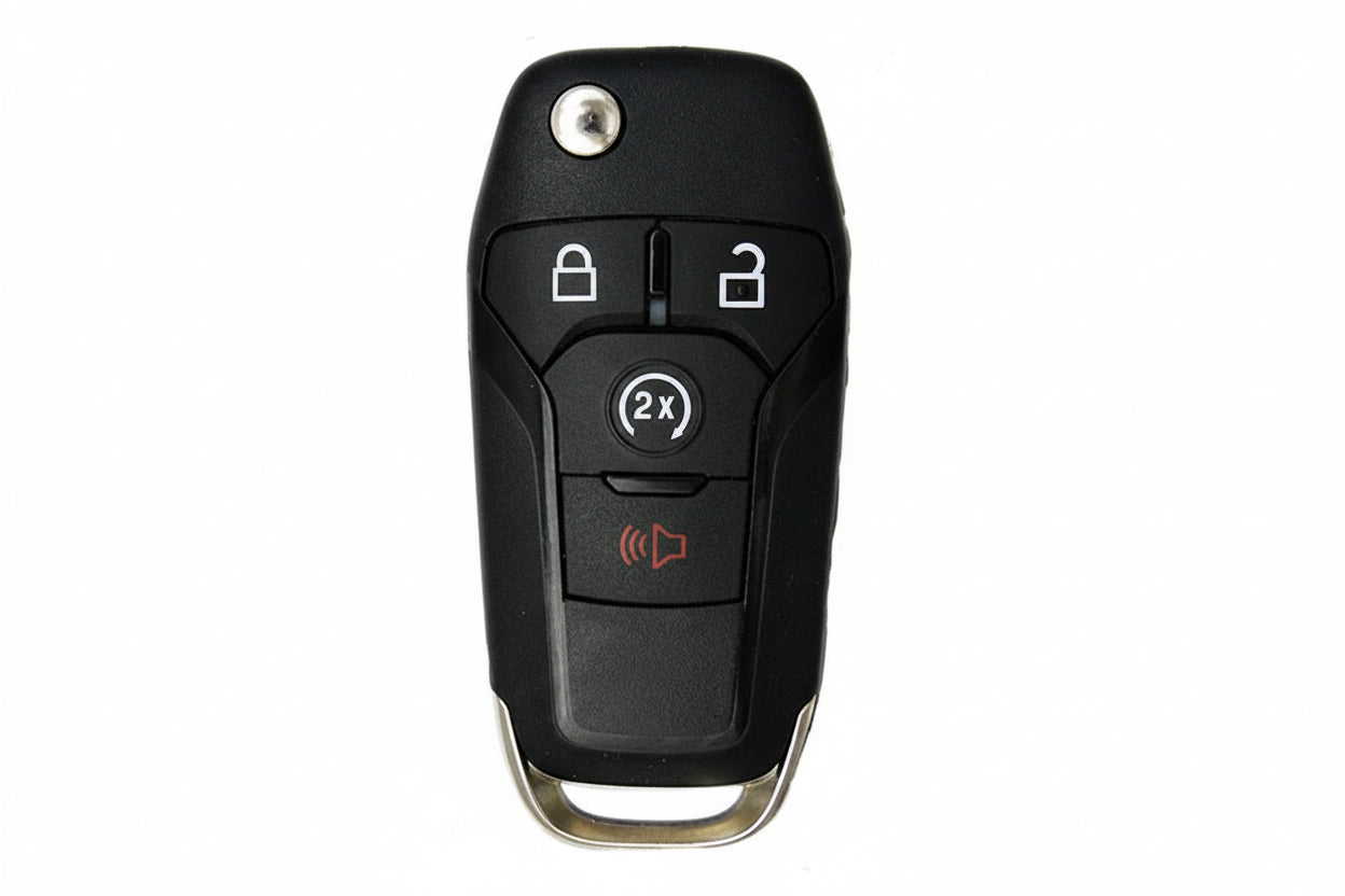 2015-2024 Ford F-Series, Raptor, and Ranger 4-Button Flip Key with Remote Start. FCC ID: N5F-A08TDA, 902 MHz, 128-Bit Chip.