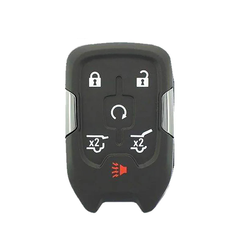 2015-2021 Chevy Suburban and Tahoe 6-button smart key remote featuring icons for Lock, Unlock, Remote Start, Hatch, Glass Release, and Panic.