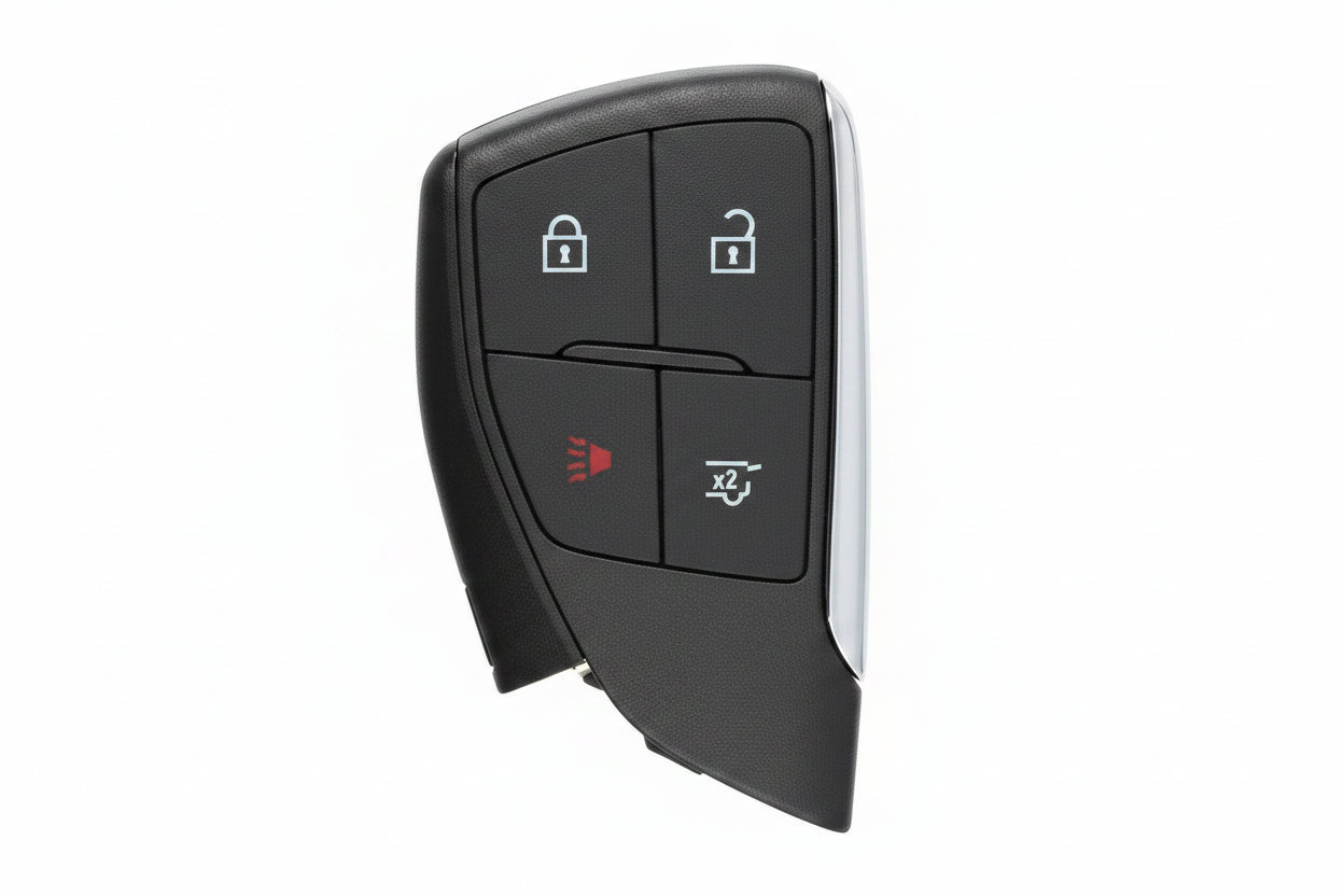 2021-2024 Chevy Suburban and Tahoe 4-button smart key remote showing Lock, Unlock, Panic, and Hatch icons.